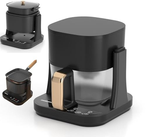 Four à Fryer à Air en Verre 3 en 1, 1350w Multi Airfryer avec 5,5 Aérien Fryer Et Pan De Grill à 1,5 L Et 3l Hotpot, Température Réglable, Minuterie, Bol Transparent, Conception De Sauvegarde Black