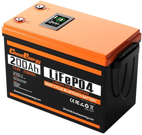 Cloudenergy 12.8V 200Ah LiFePO4 Li-Ion Batería con capacidad de 2560Wh con 100A Bluetooth BMS y pantalla táctil con 6000+ ciclos para RVs, barcos y camping. (DP-12V-200AH)