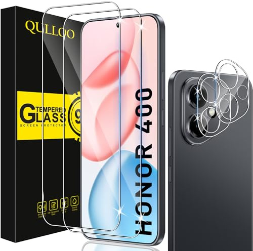 QULLOO Schutzfolie für Honor 400 5G für Panzerglas, 2 Stück Displayschutzfolie mit 2 Stück Kameraschutz, 9H Härte Gehärtetes Glas HD Klar Schutzglas Anti-Kratzen Folie