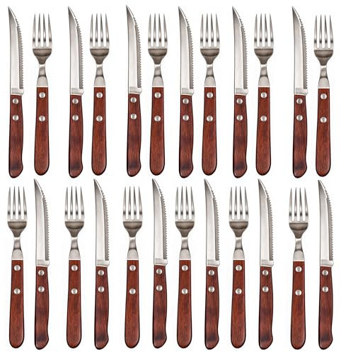 Steakbesteck edelstahl holz set 24 teilig mit 12 teilig Steakmessern und 12 teilig Steakgabeln