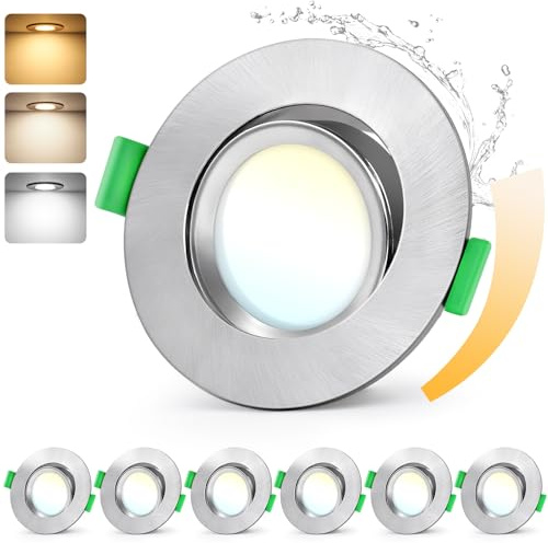 GeyouLux LED Einbaustrahler 230V Dimmbar 68mm, 5W IP44 3CCT Deckenspots | 45° Schwenkbar 2700K Warmweiß 4000K Neutralweiß 6000K Kaltweiß Ultra Flach Einbauspots für Badezimmer 6er Set Nickel
