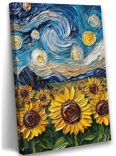 Pormipone 12x18 inch Sunflower Van Gogh Starry Night Canvas Wall Art Print