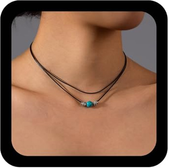 Inilbran Boho Geschichtetes Leder Choker Halskette Schwarzes Leder Cord Choker Halskette Blau Türkis Stein Halskette Vintage Kurzes Schwarzes Halsband Halskette Für Frauen