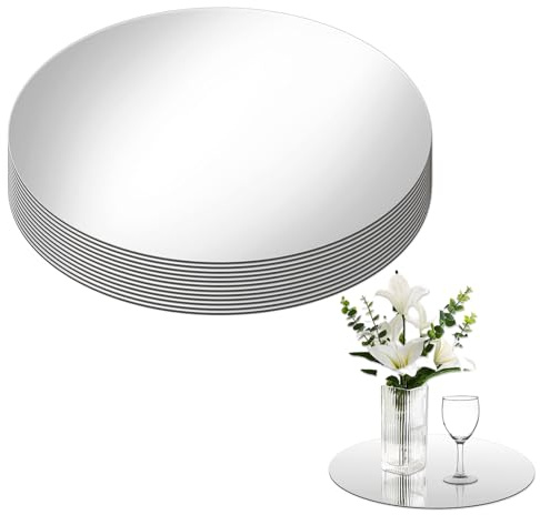 12 Pcs Acrylic Mirror Centerpieces for Tables, 10 Inch Silver Circle Mirror Tray Round Plastic Plates Discs Dinner Table Mats for Wedding Anniversary, Baby Shower Decorations, Christmas Party Supplies