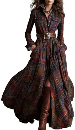 Plaid Maxi Dress for Women, Long Sleeve Vintage Lapel Button Down Asymmetric Hem Plaid Maxi Shirt Dresses with Pockets (Red,M)