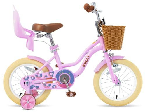 RULLY Bicicleta infantil para niña, bicicleta de ejercicio con ruedas estabilizadoras, cesta y asiento de muñeca, asiento ajustable, bicicleta para niños de 2 a 7 años, color rosa, morado, azul