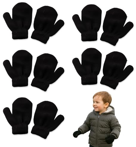 ZoeyShine 5 Pairs Toddler Knit Mittens for Boys & Girls – Soft Stretchy Winter Gloves with Thermal Lining – Warm Knitted Mittens for Kids for Outdoor Cold Weather Wear (5-Pair-Black)