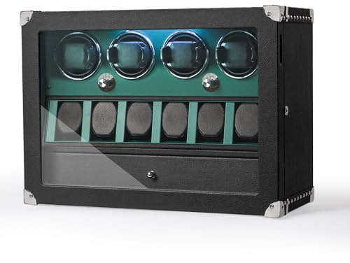 XTELARY Uhrenbeweger,Grün Leder Abschließbarer Uhrenbeweger für 4 mit 6 Speicherplätzen,Aufbewahrungsschublade, 4 Rotationsmodi,Weißes Licht Superleiser Motor und Federuhrkissen für Herren und Damen