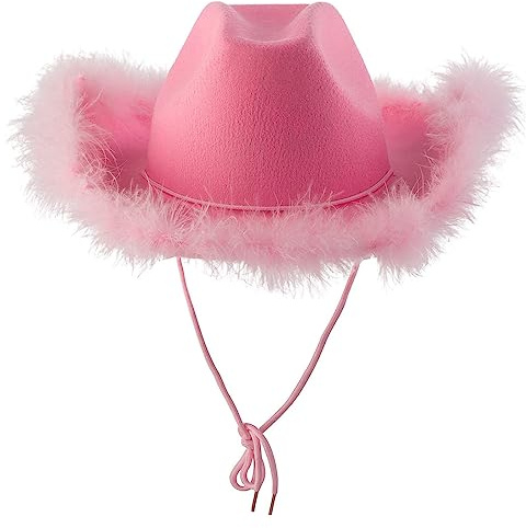 Cowboyhut Damen mit Feder Rosa Fluffy Brim Cowboy Hut Flauschige Westernhut Cowgirl Hüte für Cosplay Party Faschingskostüme Mottoparty Karneval Kostüm Zubehör
