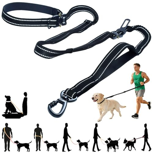 Tiesenci Dragfri Extra Stark Hundkoppel, 2.9m Händsfritt Midje- & Axelremskoppel Bungee med Justerbältet, Avtagbart Bilbälte & Reflexremsa för Stora Mellanstora Hundar (Svart)