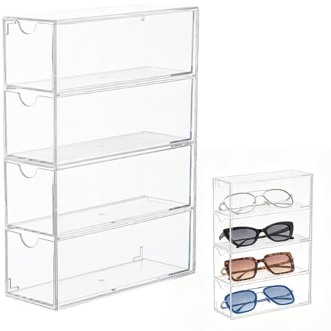 Fyrdm Sonnenbrillen Aufbewahrung aus Acryl, Brillen Aufbewahrung | Brillenaufbewahrung mit 4 Brillen Organizer Schublade, Sonnenbrillen-Organizer, Stapelbar, für Sonnenbrillen, Uhren, Kosmetik
