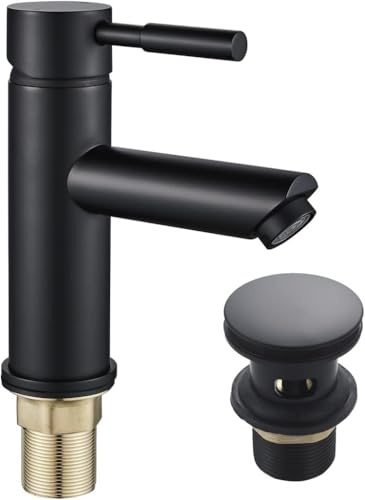 Black Basin Sink Mixer Tap,Basin Mixer Tap Bathroom Sink Mono Cloakroom Waterfall Single Lever Tap Fixings with a Push-to-Release Drain Plug