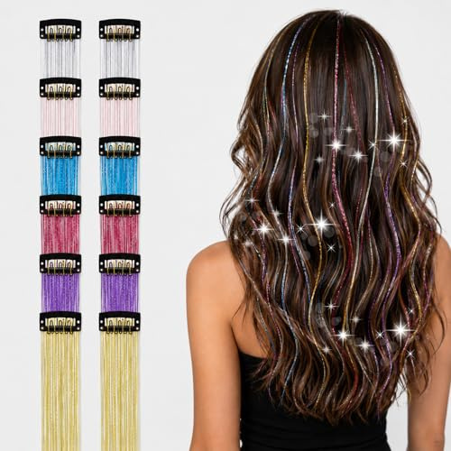ARYIMYDP 12 Pezzi Extension Capelli Clip con Brillantini, 50 CM Glitter Colorati, Adatto a Donne e Bambine per Festival Feste