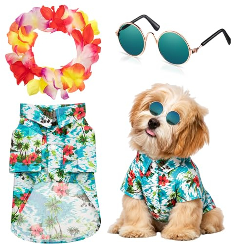 Set 3 Camicie Hawaiane per Cani con Occhiali da Sole e Ghirlande di Fiori, Abbigliamento Estivo per Cani e Gatti Piccoli e Medi, Outfit da Spiaggia Vacanze Feste (Verde)