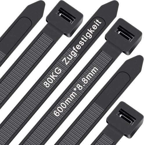 WLEAD Cable Ties Black 600 mm x 8.8 mm, Pack of 50 Extra Strong Cable Ties with 80 kg Tensile Strength, UV-Resistant, Large Nylon Plastic, Self-Locking Multifunctional
