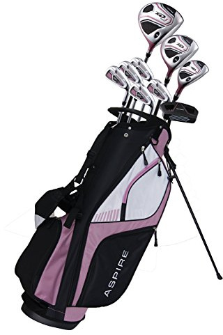 Aspire XD1 Dam komplett högerhänta golfklubbor set inkluderar Titanium Driver, S.S. Fairway, S.S. S. Hybrid, S.S. 6-PW järn, putter, stativväska, 3 H/Cs körsbärsrosa