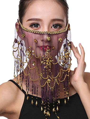 Lauthen.S Women Belly Dance Face Veil with Beads Sequins Halloween Costume Accessory