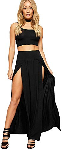 OgLuxe Jupe longue double fendue pour femme Uni Basic Deux fentes latérales 36-50, noir, 36-38