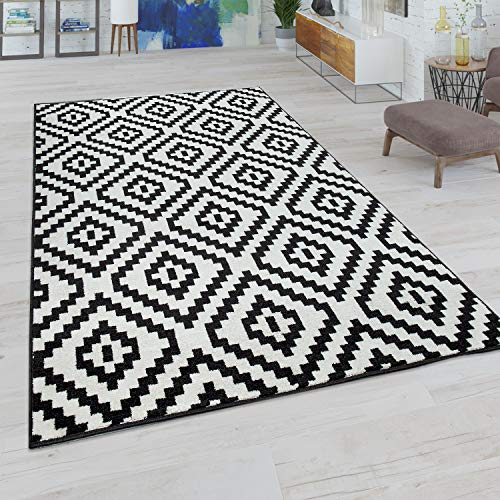 Paco Home Wohnzimmer Teppich, Rauten Muster in Pastell Farben, Moderner Boho Ethno Look, Grösse:160x220 cm, Farbe:Schwarz Weiß
