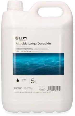 Edm Algicida a lunga durata, effetto lucidante 5 l, liquido ad azione rapida e durevole, in grado di prevenire la formazione e lo sviluppo di alghe nella piscina per più tempo.