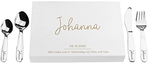 LAUBLUST Kinderbesteck mit Namensgravur - Niers Gravur & Geschenkbox weiß | Besteck mit Namen - Geschenk zur Taufe für Kinder - Taufgeschenke für Jungen & Mädchen | Personalisierte Erinnerungsbox