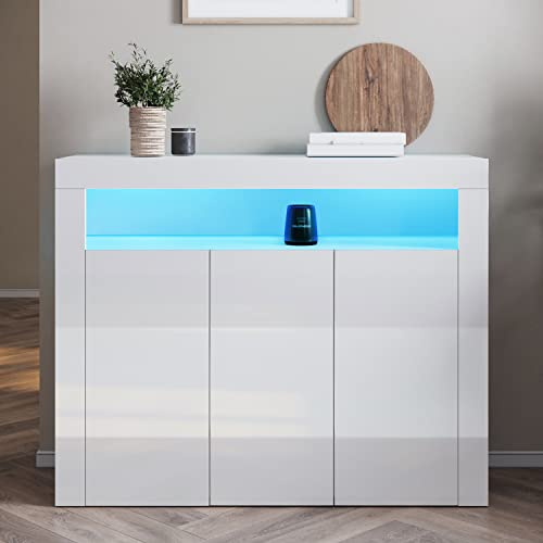SONNI Sideboard Kommode mit 3 Hochglanz Türen, LED, 116x35x93cm, Weiß | Wohnzimmermöbel, Wohnzimmerschrank, Standschrank, 16 Farben RGB-Funktion mit 4 Grundfarben und 12 Verläufen für Wohnzimmer