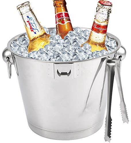 5L Stainless Steel Ice Bucket,Ice Buckets Kit with Tongs,Handles and Corkscrew Metal Beer Bucket for Champagne Wine for Families, Gatherings, Barbecues, Picnics, Parties, Bars Silver