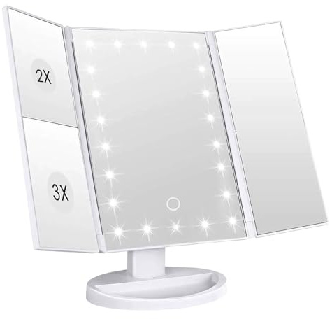 Intirilife Schminkspiegel mit 22 LED Beleuchtung und USB Kabel zum Aufladen in Weiß -3 Seiten Kosmetikspiegel- 1X/ 2X/ 3X Vergrößerung- Makeup-Spiegel dimmbar, natürliches Licht- Tischspiegel Klappbar