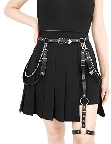 JasGood Damen Kettengürtel, PU Leder Punk Taillengürtel für Damen, Gothic Rock Gürtel mit Bein Strumpfbänder