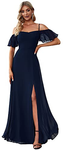 Ever-Pretty Women's Formal Dresses Off Shoulder Short Sleeve Split A-Line Floor Length Bridesmaid Dresses Navy Blue US16