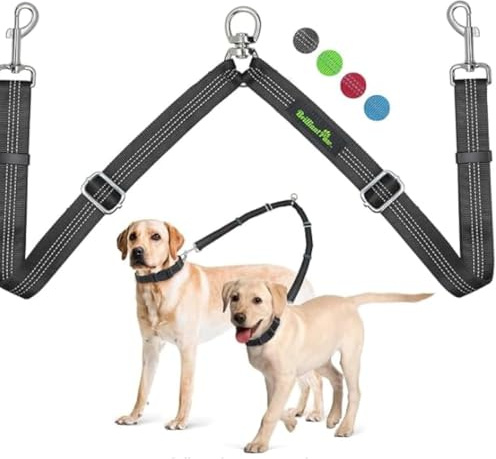 Brilliant Paw Double Dog Leash, Adjustable Length, Tangle Free, Reflective Stitching, Heavy Duty, Black, 1 Width, 29 Length
