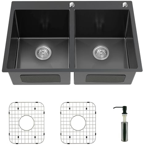 Black Double Bowl Sink - 50/50, 33x22x9-Inch Topmount - Stainless Steel - Drop In - Includes Sink Grid, Soap Dispenser, Drain Strainer