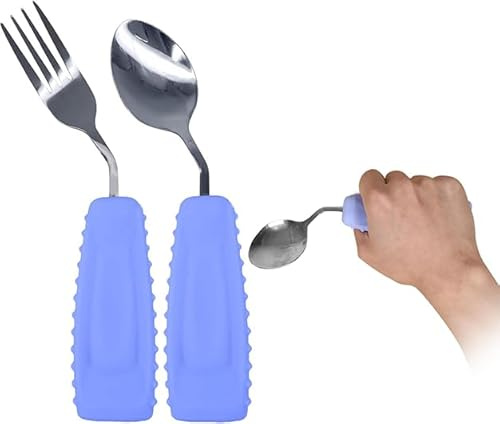 Ehucon Adaptive Utensils - Cuchara y tenedor en ángulo para temblores de mano, Parkinson, utensilios pesados con asas antideslizantes de fácil agarre para comer independiente (1 cuchara + 1 tenedor =