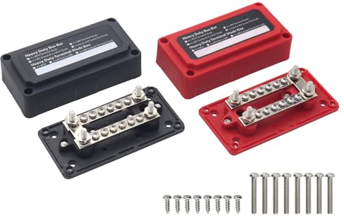 Gloaso M6 Sammelschienen Masse Stromverteilungsblock 12V-48V DC 100A, Batterie Busbar mit 4x M6 Bolzen und 12x M4 Schrauben Klemmleisten, Positv& Negativ Bus Bar mit Abdeckung, 2 Stück