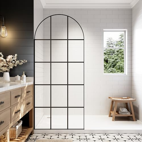 34''W x 74''H French Glass Shower Screen for Bathroom,Fixed Framed Walk in Arched Shower Door in Matte Black Finish, Shower Glass Panel with 5/16 (8mm) Clear SGCC Tempered Glass, Easy Installation