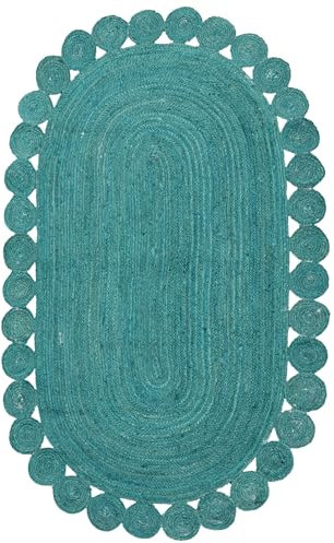 CASAVANI - Ovaler Teppich, 10,2 x 20,3 cm, Kelim-Teppich, türkis, geflochtener Jute-Teppich, für drinnen und draußen, Flachgewebe-Teppich, stark frequentierte Fläche, Seehaus, Schlafzimmer, Esszimmer,