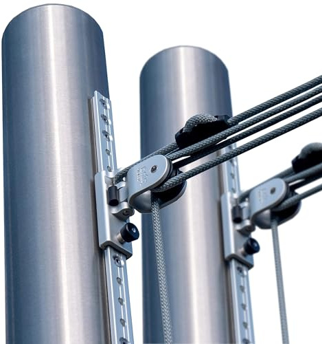 Sonnensegelstangen Ø 70 mm, 3 m, höhenverstellbar, V2A Edelstahl (2er-Set) | Inkl. 4-fach-Flaschenzug-Set, 75 cm Bodenhülse, 150 cm Gleitschiene, Sicherheitsklemme: Befestigung für große Segel