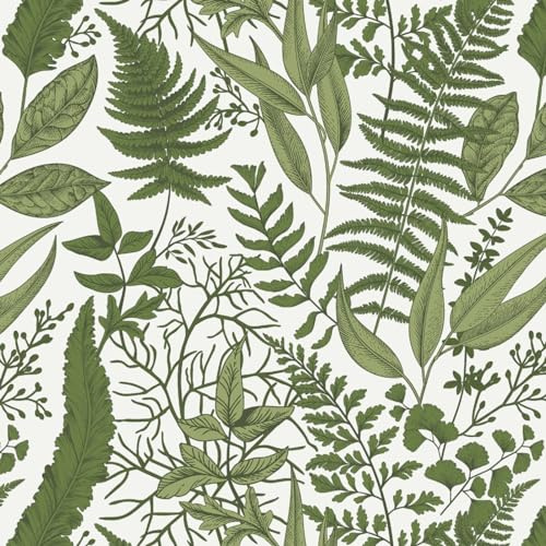 Fiula Peel and Stick Wallpaper Green Leaves Self Adhesive Wallpaper 41CMx3M Vinyl Wrap Roll Tropical Contact Paper Removable White Waterproof Decorative Shelf Drawer Roll Waterproof