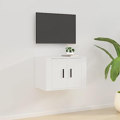 OHOOWOO Mobile Porta TV a Parete Bianco 57x34,5x40 cm,Porta TV da parete sospeso in legno multistrato bianco per soggiorno