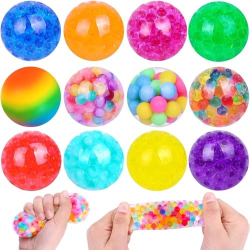 DTYDECLE 12 Stück Stress Balll, 5-6cm Squishy Anti Stress Ball Squeeze Traubenbälle Quetschball mit Wasserball für ADHS, Stress, Angst abbauen und Beruhigung