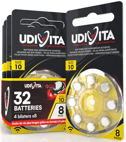 32 Batterie per Apparecchi Acustici Udivita Misura 10 (Gialle) PR70 Zinco Aria con Phono Pulse Technology - 4 Blister da 8 Pile