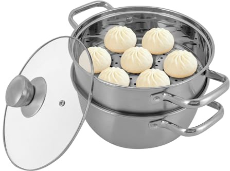 Olla para cocinar al vapor, Vaporera pequeña, Olla con inserto al vapor, 2 niveles de acero inoxidable, para diferentes tipos de cocina, 20 cm, 1,2 L, color plateado