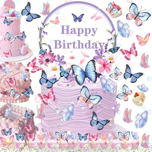 dcas 49 Stück Happy Birthday Tortendeko Lila Schmetterling, Schmetterling Kuchen Deko Cupcake Topper, Schmetterling Theme Party Kuchen Deko, DIY schmetterlings kuchendeko,Für Hochzeiten Jubiläen(Lila)