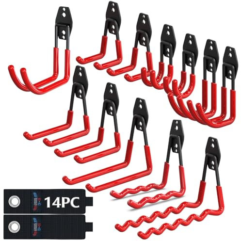 3-H Garage Wall Storage Hooks Heavy Duty 14 Pack - Reinforced Welding Wall Mounted Organiser for Garden Tools,Ladders,Lawn Mower,Chairs - Space Saving Shed & Yard Hanging Solutions (Red)