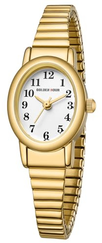GOLDEN HOUR Women's Easy Read Gold Watch with Expansion Band, Oval Case, White Dial