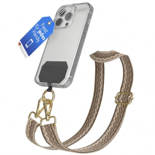 EAZY CASE - Handykette Universal zum Umhängen kompatibel mit jedem Handy Kette mit Hülle kombinierbar Handykordel mit Karabiner für Handyhülle Handyband zum Umhängen Bunt Welle Kordel Hell Braun Gold