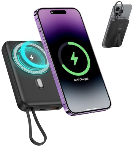 Anluomafuy Power Bank, 22.5W Bateria Externa Carga Rapida, 10000mAh Batería Portatil, USB C Cargador Inalámbrico, Cable Incorporado, Soporte Plegable, Pantalla LED, para iPhone, Samsung, Huawei (2)