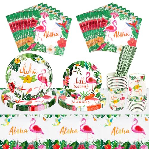 Flamingo partyservis 81 stycken, Aloha Hawaii porslinsset, barns födelsedagskalas köksdekoration, flamingo papperstallrikar, servetter, sommarmotiv, fester, dekoration