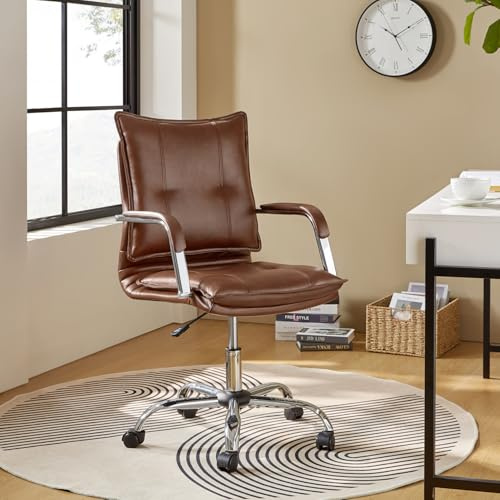 HULALA HOME Moderner Bürostuhl mit gepolsterten Armlehnen veganem Leder und Verstellbarer Höhe Ergonomischer Schreibtischstuhl mit Metallbasis drehbar, Braun
