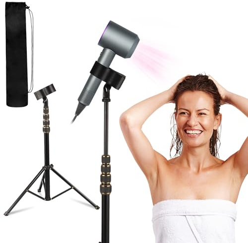VAVPUP Supporto regolabile in lega di alluminio per asciugacapelli, 60-195 cm, treppiede regolabile con rotazione a 180 gradi, compatibile con strumenti di styling compatti (nero)